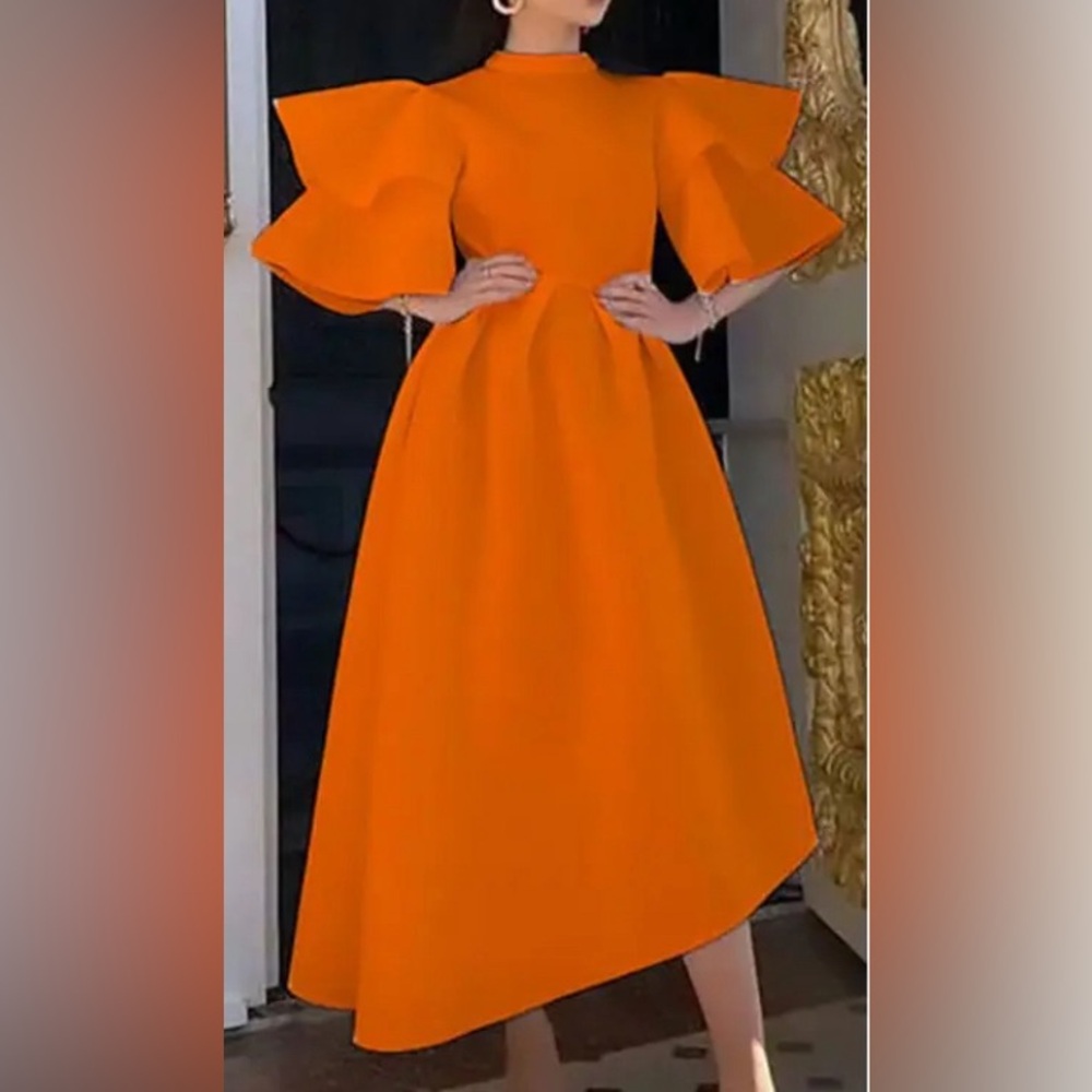 NWOT Orange Double Bell-Sleeve Asymetrical Hem Dress